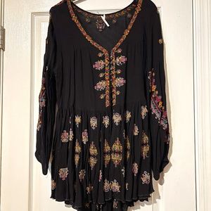 Free People “Arianna” Black Embroidered Tunic Dress